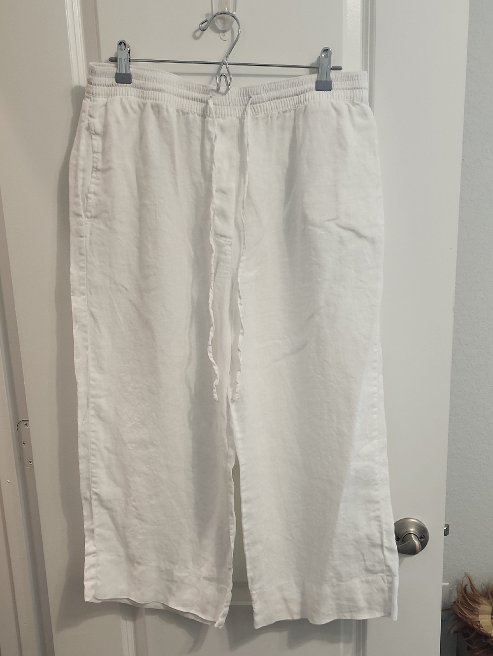 DKNY White Drawstring Linen-Blend Wide Leg Pants Large